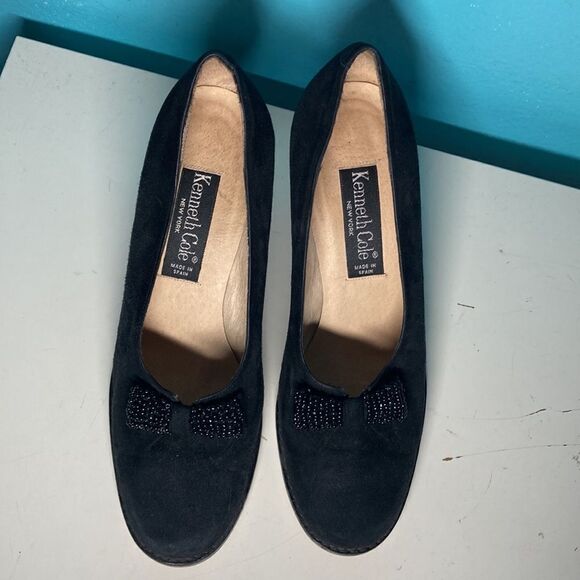 Vintage Black Kenneth Cole Heels Size 8.5 Leather & Suede with Beaded Bow - Picture 10 of 12